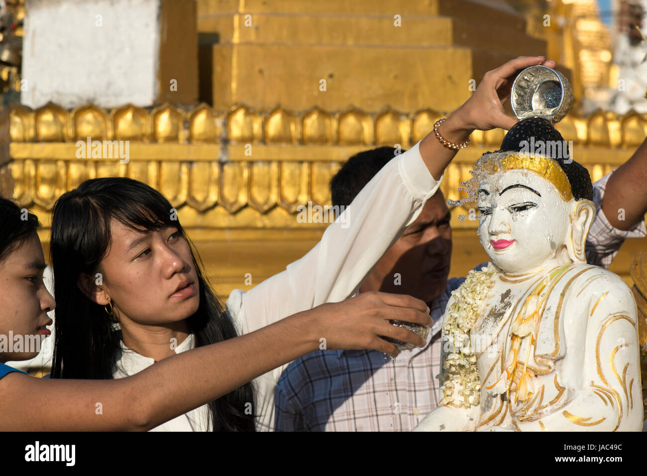 Pellegrino bagnano una statua del Buddha con acqua come un token di fortuna alla Shwedagon pagoda in Yangon (Rangoon), Myanmar (Birmania) Foto Stock