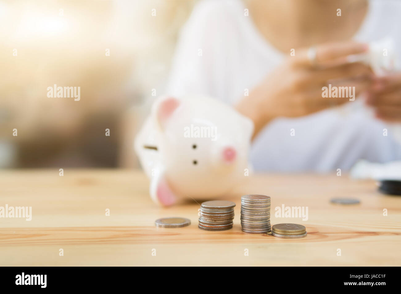 Risparmio di denaro,salvadanaio salvataggio,business risparmiando denaro concetto,economia aziendale idea,messa a fuoco selettiva e vintage del tono di colore. Foto Stock