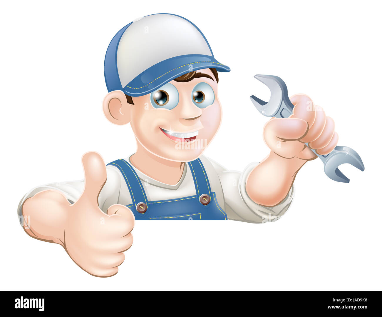 Un Idraulico O Meccanico In Possesso Di Una Chiave O Una Chiave Inglese E Dando Un Pollice In Su Mentre Peeking Oltre Un Segno O Un Banner Foto Stock Alamy