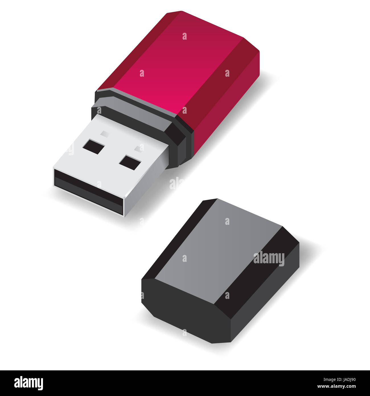 Rosso scuro unità flash USB con il cappuccio nero isolato su bianco. Foto Stock