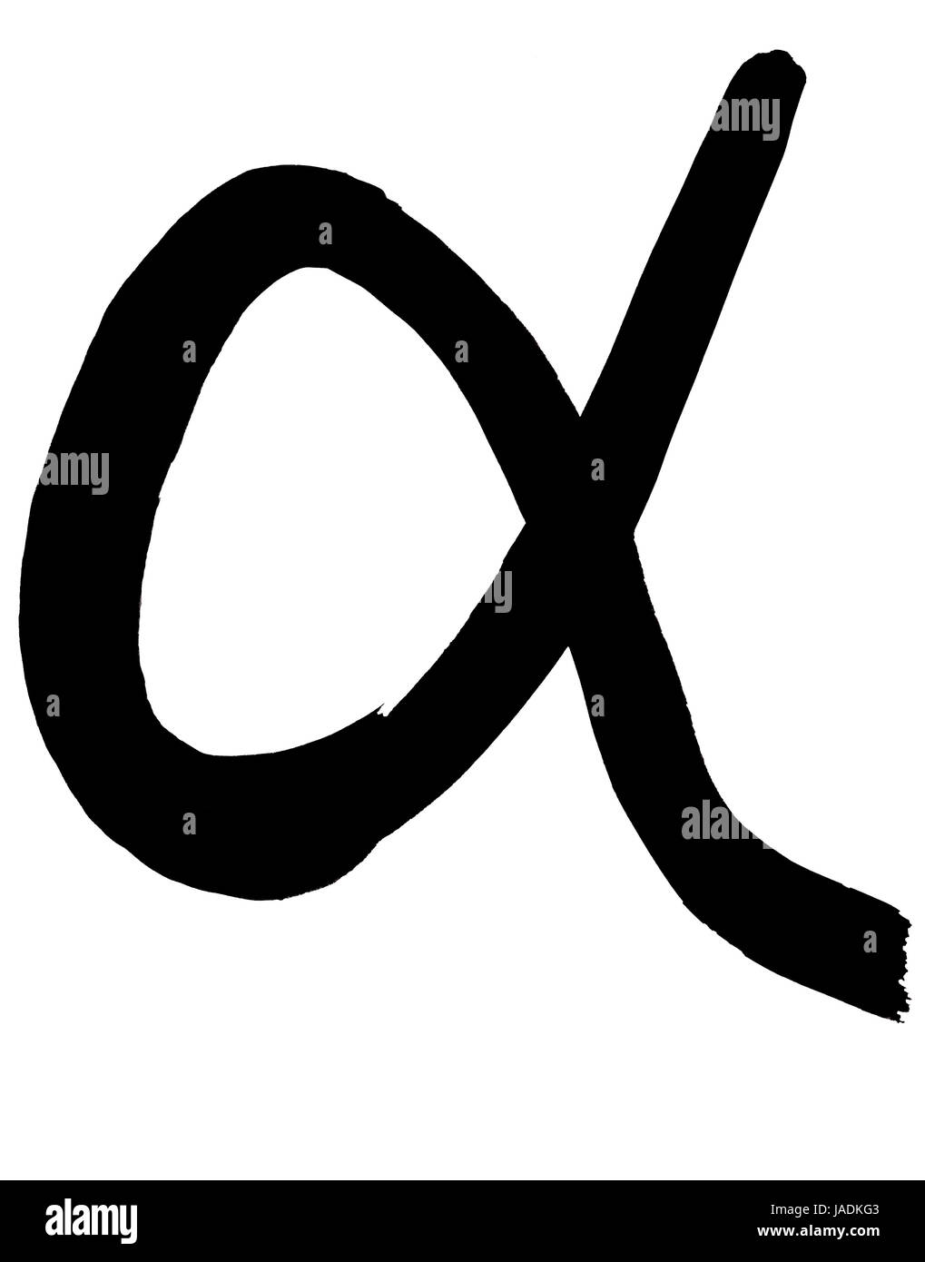 Lettera greca alfa scritto a mano in inchiostro nero su sfondo bianco Foto Stock