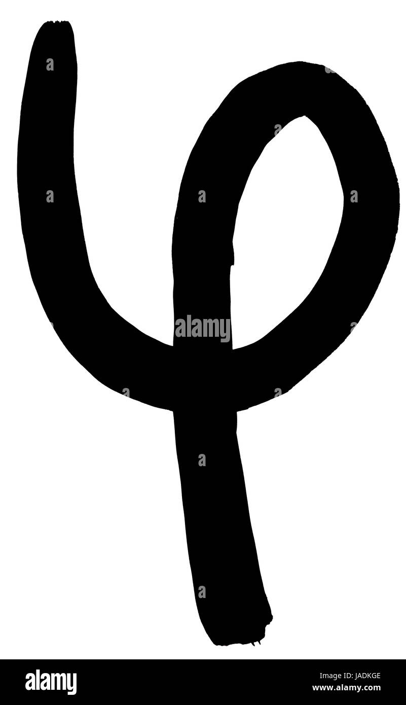 Lettera greca phi scritto a mano in inchiostro nero su sfondo bianco Foto Stock