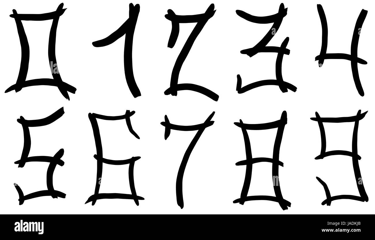 Set di numeri arabi scritto a mano con inchiostro nero su sfondo bianco Foto Stock