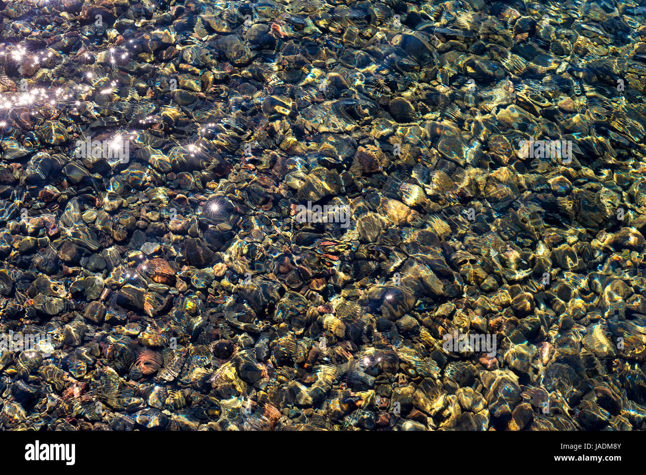 Rocce colorate sul fondo del lago di Crescent nello stato di Washington mostrano chiaramente attraverso le acque cristalline Foto Stock