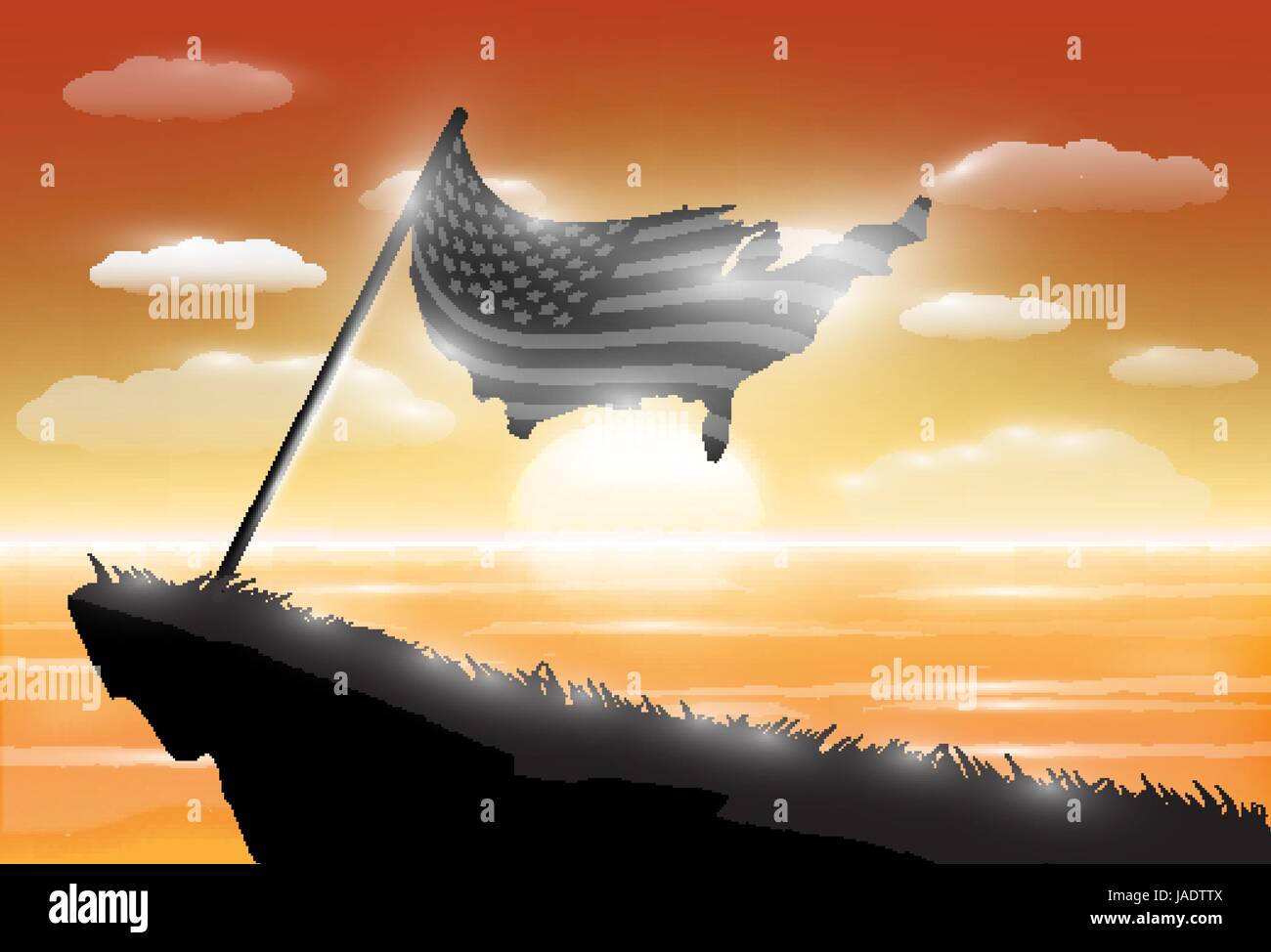 Silhouette stati uniti d'America bandiera sulla scogliera con il tramonto sullo sfondo del mare Illustrazione Vettoriale