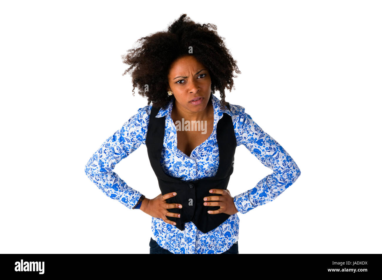 Genervte Afroamerikanerin - freigestellt auf weissem Hintergrund Foto Stock