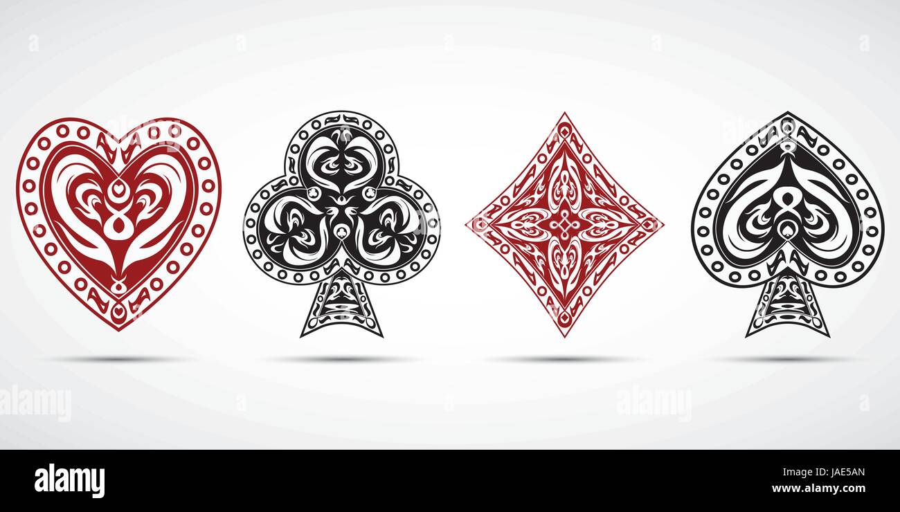 Picche, cuori, diamanti, club carte da poker set di simboli uno sfondo grigio Illustrazione Vettoriale