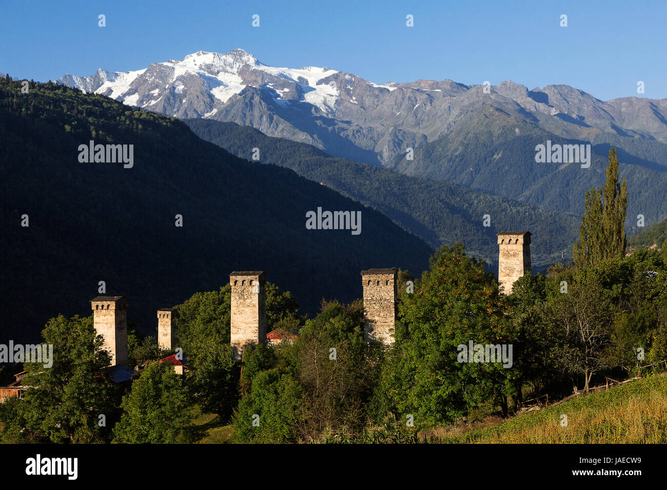 Torri medievali nel villaggio di montagna, Montagne del Caucaso, Georgia. Foto Stock
