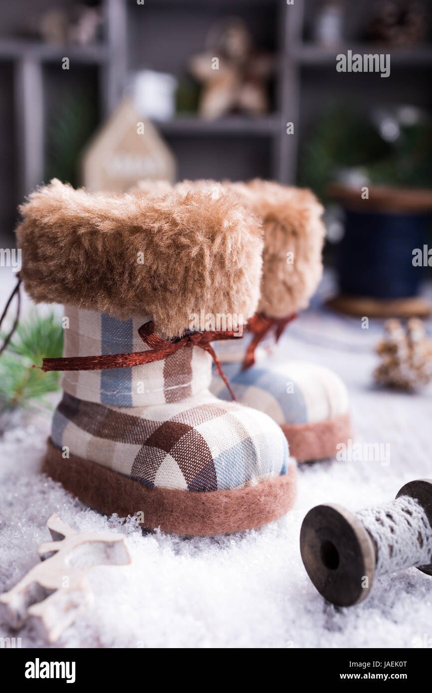 Natale biglietto di auguri con stivali di feltro Foto Stock