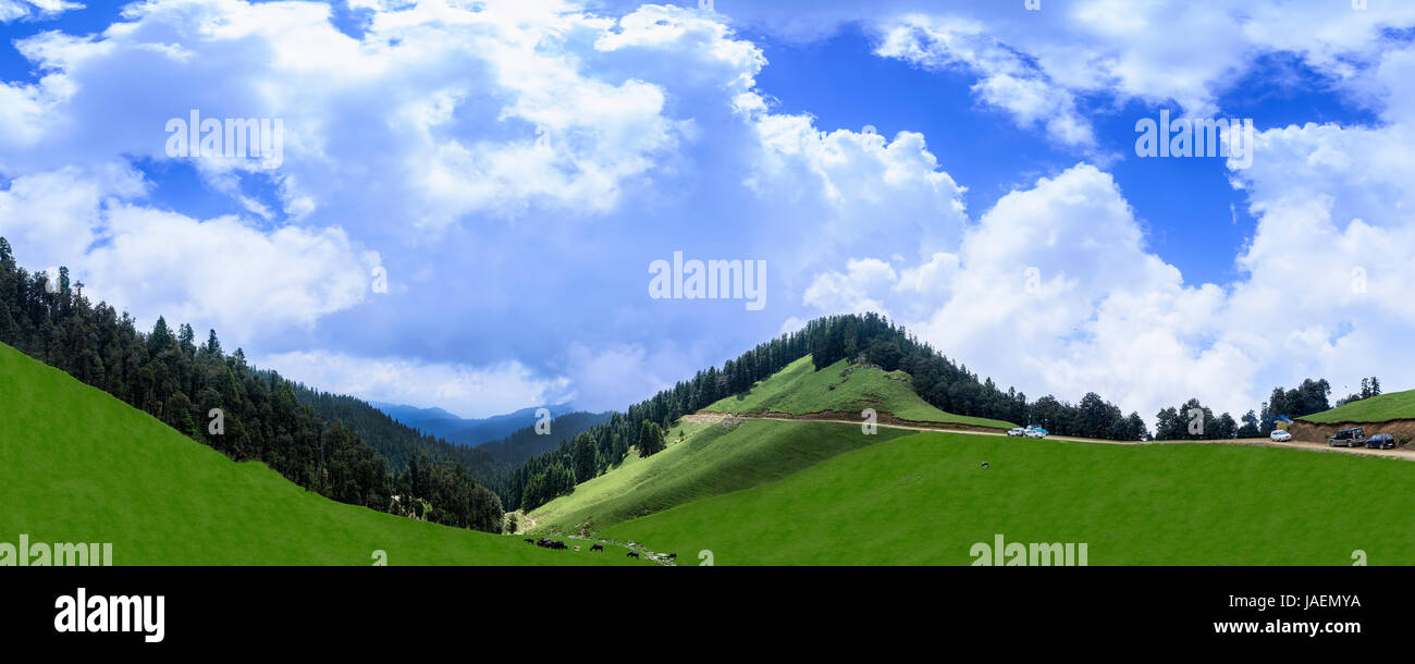 Gloriosa vista panoramica del bellissimo paesaggio della valle Janjheli vicino Shikari Devi Temple (il cacciatore DEA) in Himachal Pradesh Foto Stock