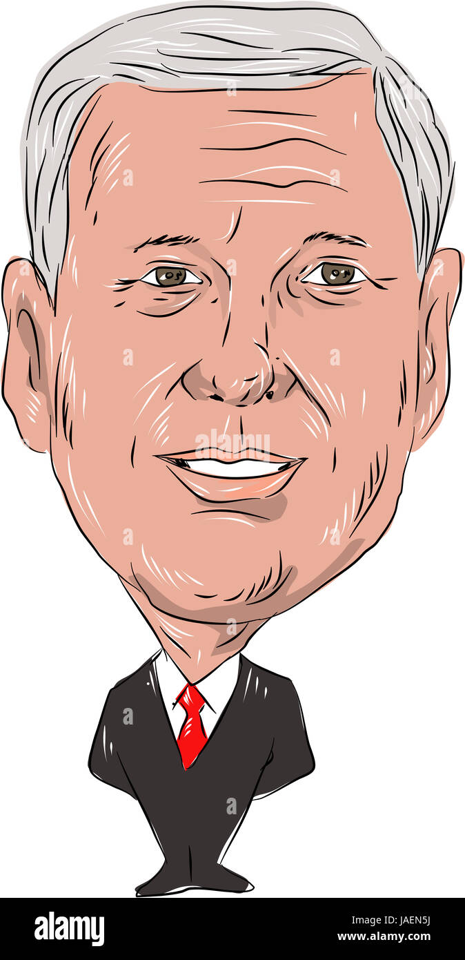 La caricatura illustrazione di Michael Richard Mike Pence, uomo politico americano e Vice Presidente di dagli Stati Uniti d'America su isolati backgroun bianco Foto Stock