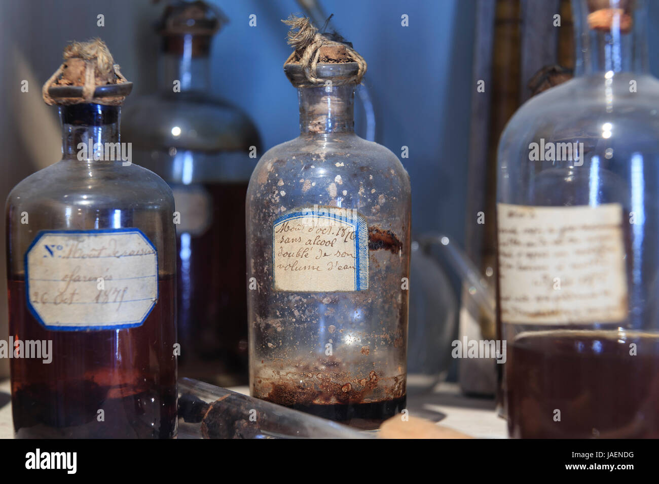 Francia, Giura, Arbois, Louis Pasteur Casa, il suo ufficio e laboratorio e fiasche per colture cellulari Foto Stock