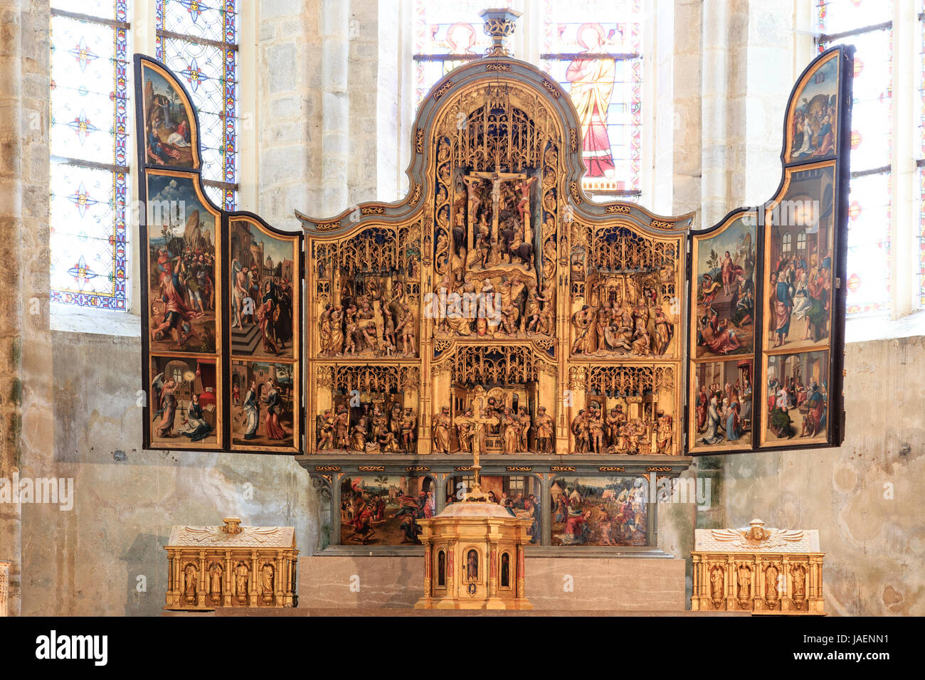 Francia, Giura, Baume les Messieurs, etichettati Les Plus Beaux Villages de France, chiesa abbaziale, il sedicesimo secolo retablo Foto Stock