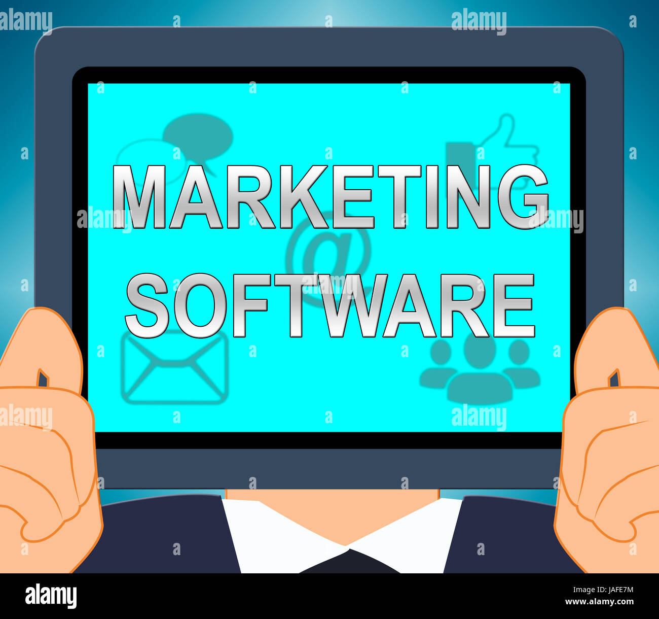 Marketing Software Tablet che mostra le app Promo 3d illustrazione Foto Stock