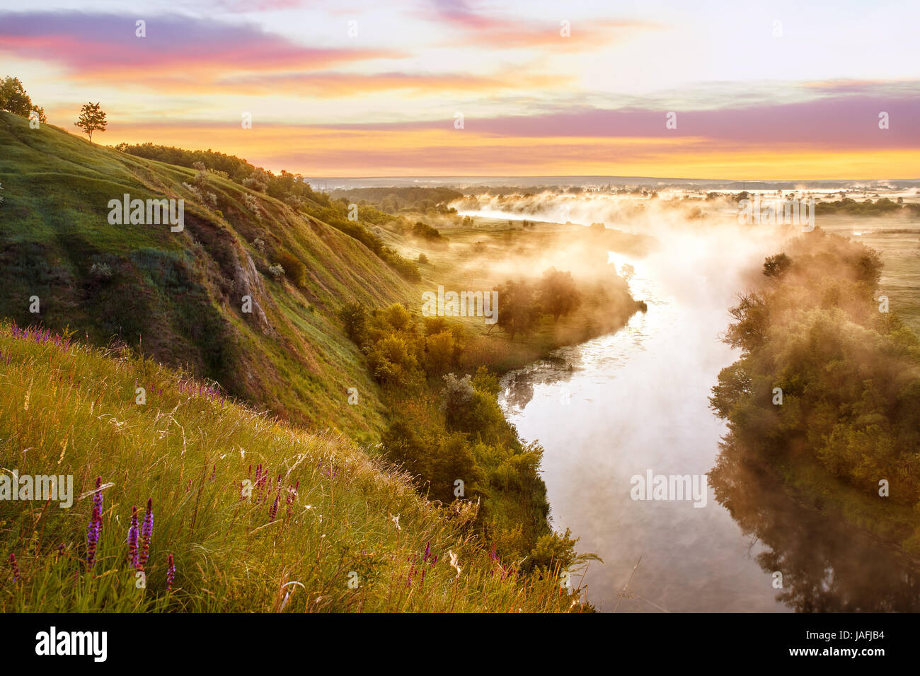 La nebbia del fiume e prato di sunrise. Paesaggio estivo. Foschia mattutina. Scenario colorato. Beautiful Dawn Foto Stock
