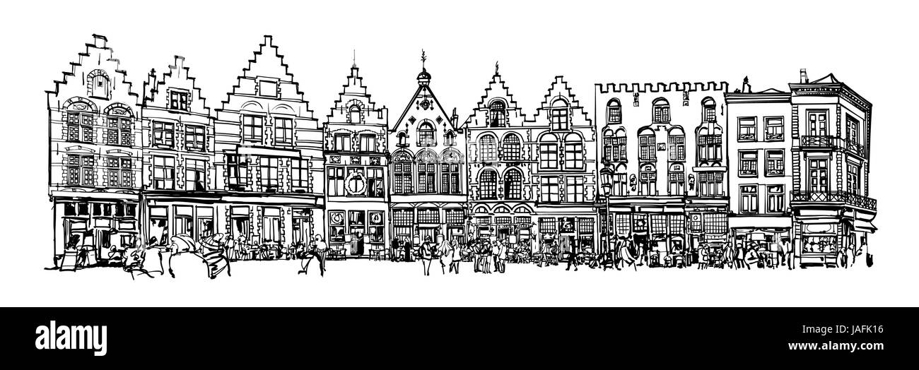Belgio, Bruges - vecchia casa di mattoni sul Grote Markt square - illustrazione vettoriale Illustrazione Vettoriale