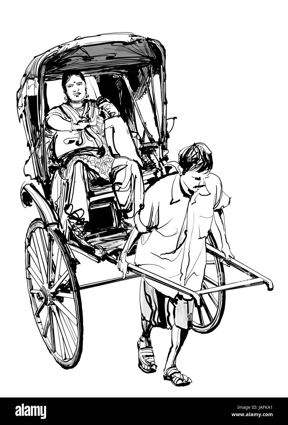 Kolkata, India - disegno un rickshaw con un passeggero - illustrazione vettoriale Illustrazione Vettoriale