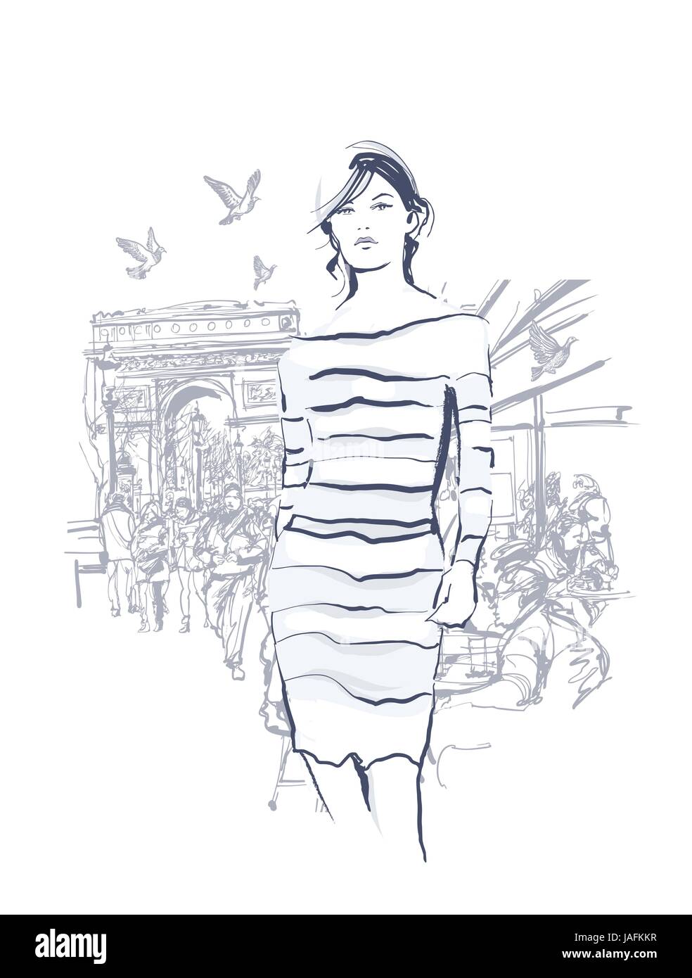 La donna a piedi a Champs-Elysees avenue a Parigi - illustrazione vettoriale Illustrazione Vettoriale