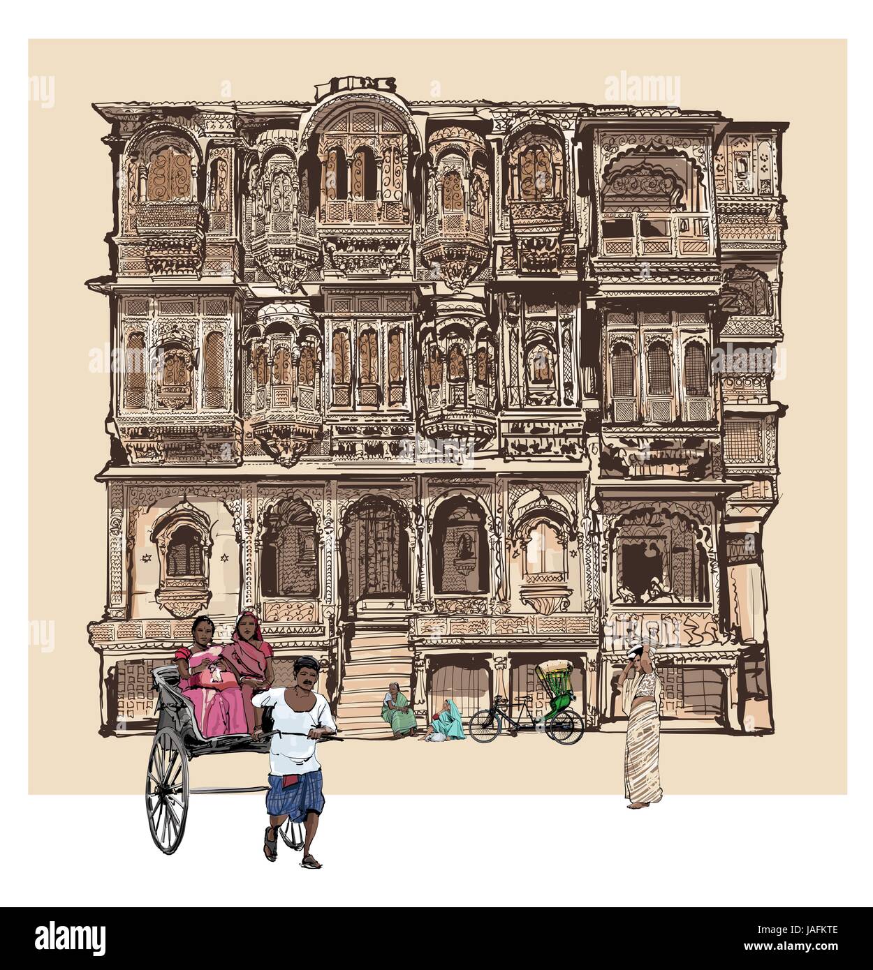 La facciata della vecchia casa con balconi in Jodhpur, India - illustrazione vettoriale Illustrazione Vettoriale