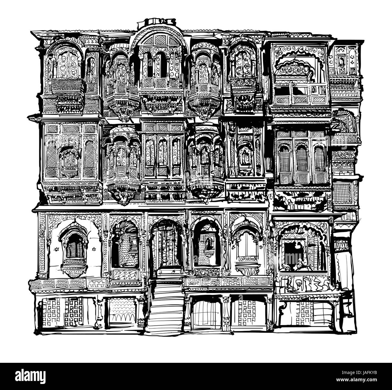 La facciata della vecchia casa con balconi in Jodhpur, India - illustrazione vettoriale Illustrazione Vettoriale