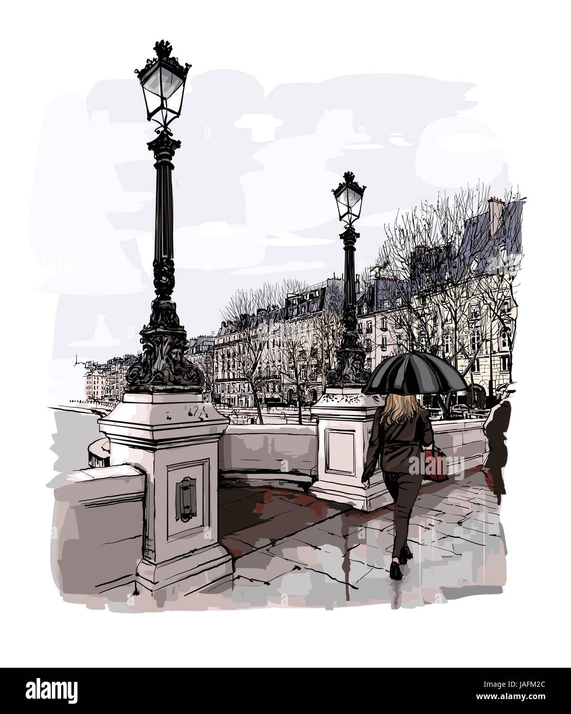 Francia - Parigi, Pont Neuf sotto la pioggia - illustrazione vettoriale Illustrazione Vettoriale