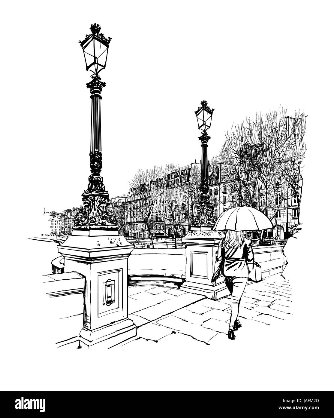 Francia - Parigi, Pont Neuf sotto la pioggia - illustrazione vettoriale Illustrazione Vettoriale