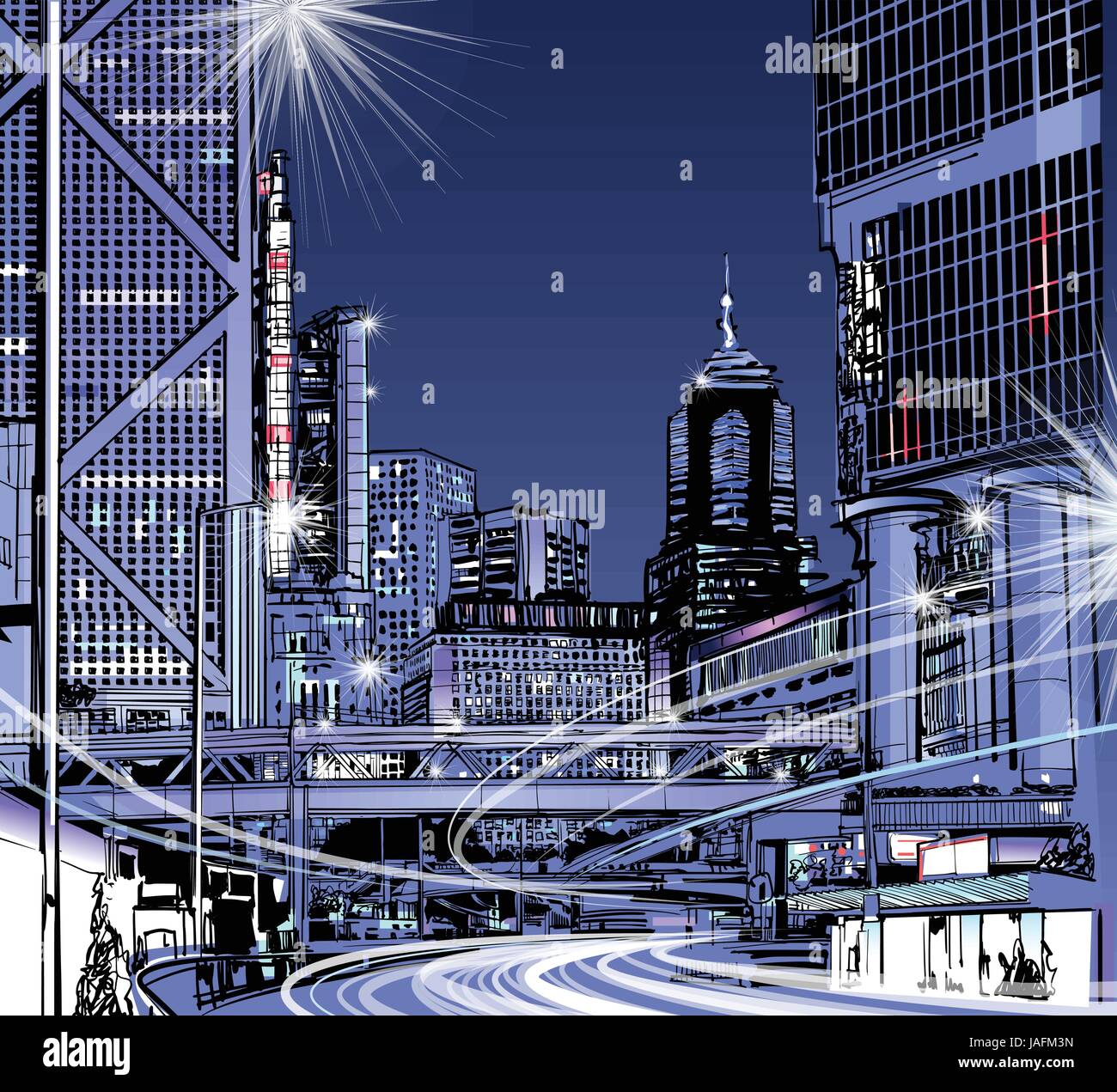 Hong Kong vista notturna - illustrazione vettoriale Illustrazione Vettoriale