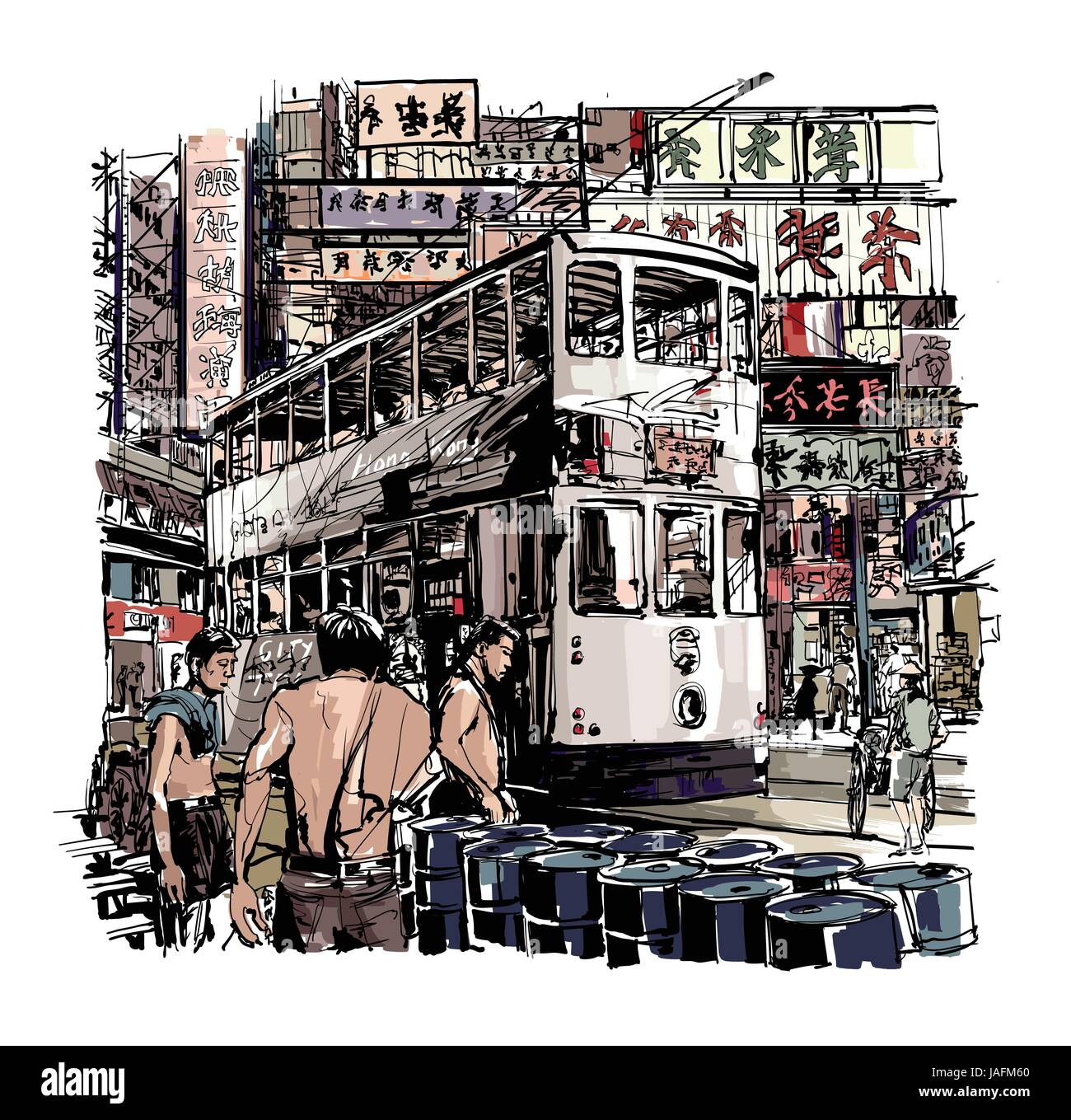 Hong Kong, tram sulla strada - illustrazione vettoriale Illustrazione Vettoriale