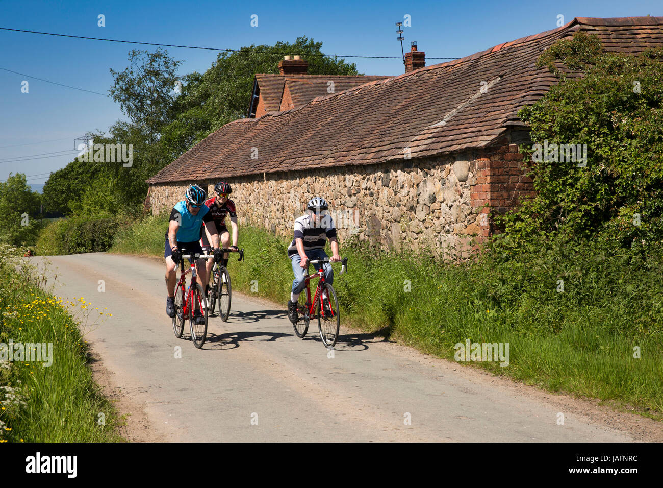 Regno Unito, Inghilterra, Shropshire, poco Wenlock, beccuccio Lane, ciclisti passando poco Hill Farm Foto Stock