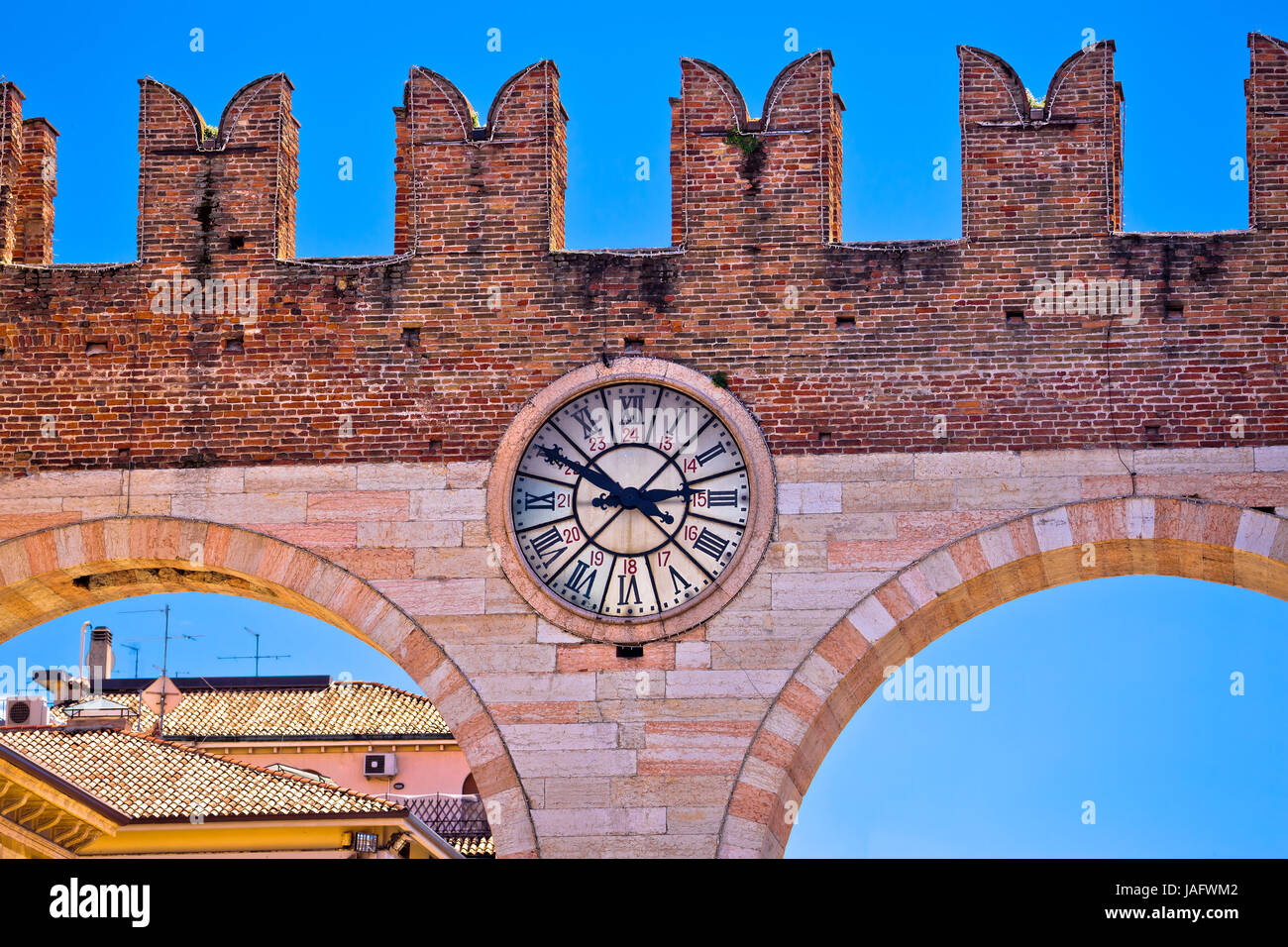 La città di Verona le pareti della vista di dettaglio, pietra miliare nella destinazione turistica in Veneto Foto Stock