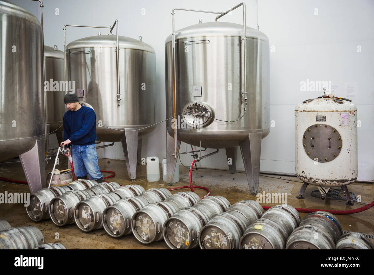 Un uomo ripieno di birra in barilotti di metallo da grandi vasche di fermentazione in una birreria. Foto Stock