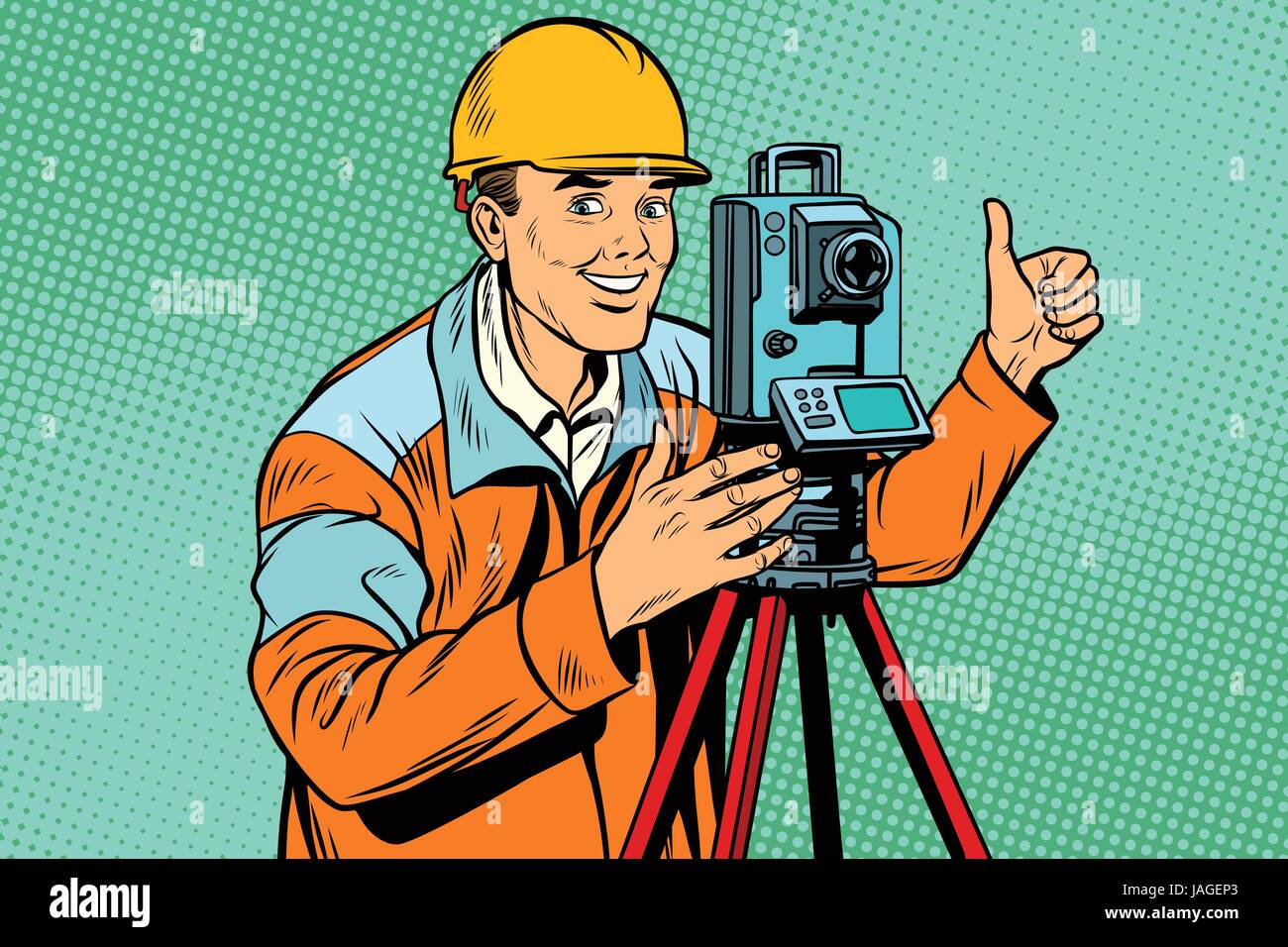 Builder geometra con un teodolite strumento ottico per misurare le distanze. La Pop art retrò illustrazione vettoriale Illustrazione Vettoriale