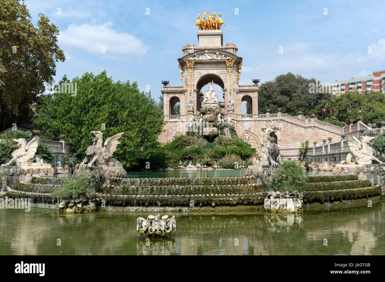 La cascata e fontana al Parc de la Ciutadella, Barcellona, Spagna Foto Stock