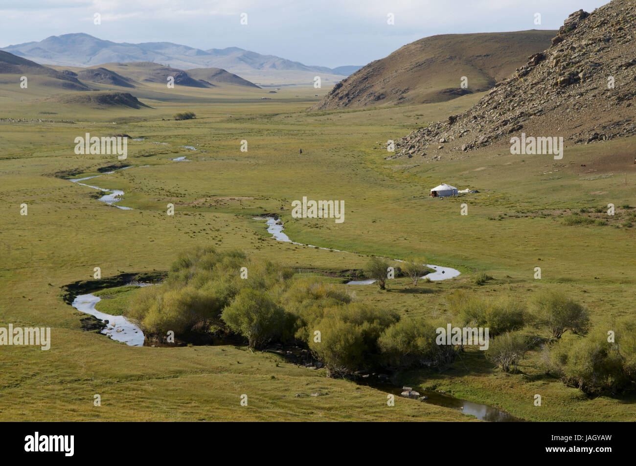 Mongolia,Asia centrale,provincia Arkhangai,steppa,River Valley,nomad,supporto,Jurte, Foto Stock