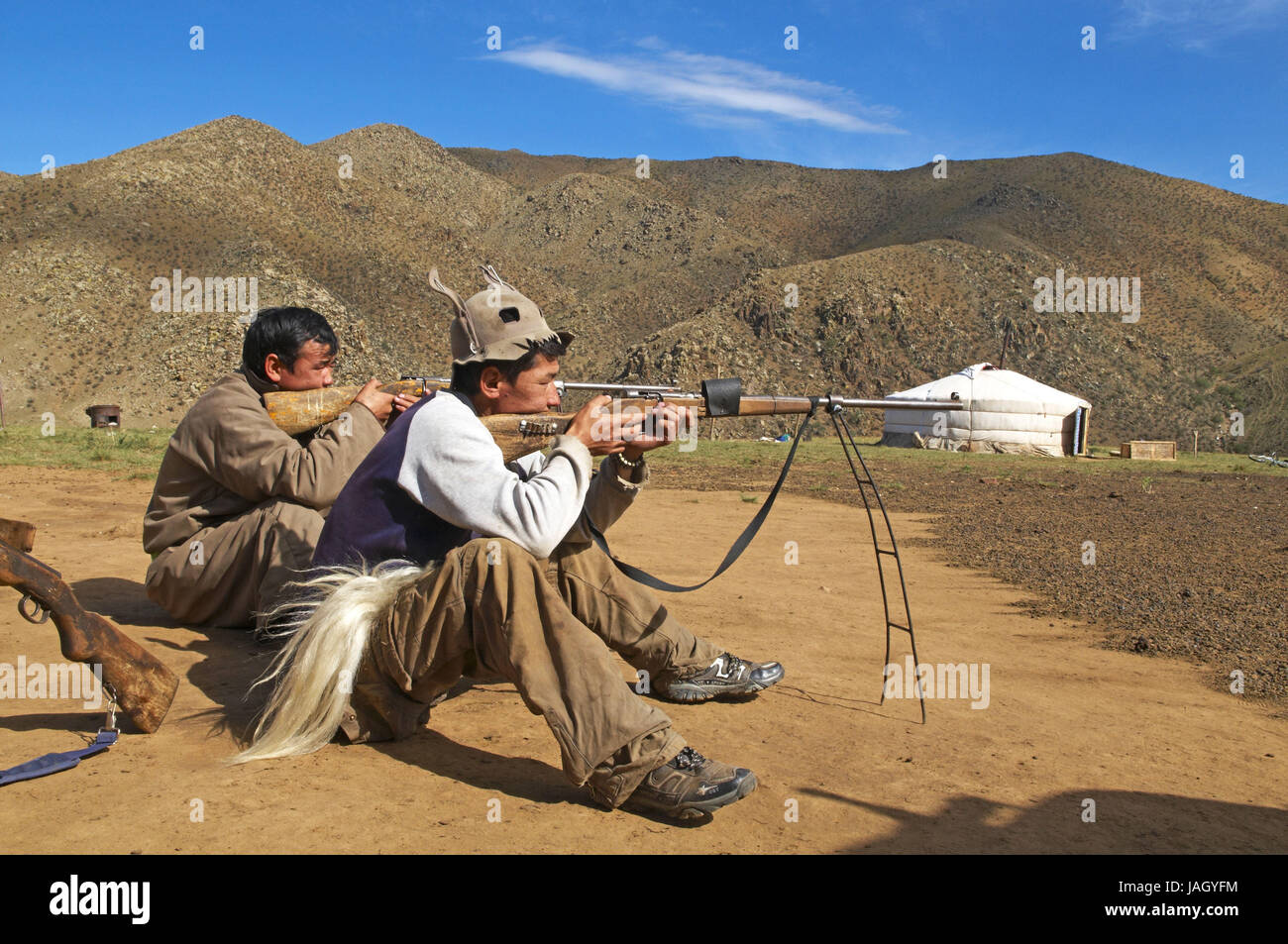 Mongolia,Asia centrale,provincia Arkhangai,nomad,pistole,hunt su groundhogs, Foto Stock