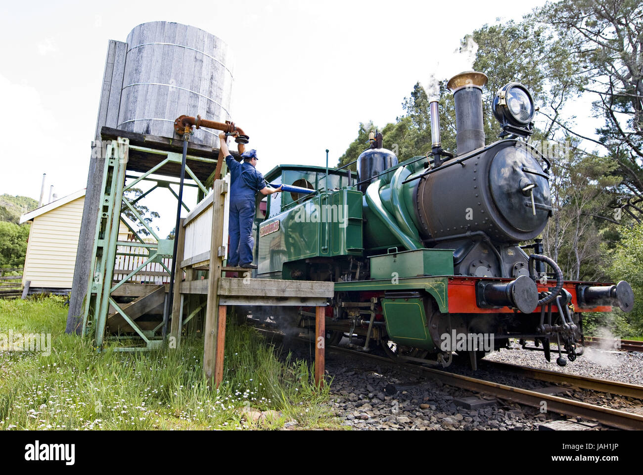 L'AUSTRALIA,Tasmania,museo stazione ferroviaria,Lynchford,motore di vapore,serbatoio acqua, Foto Stock