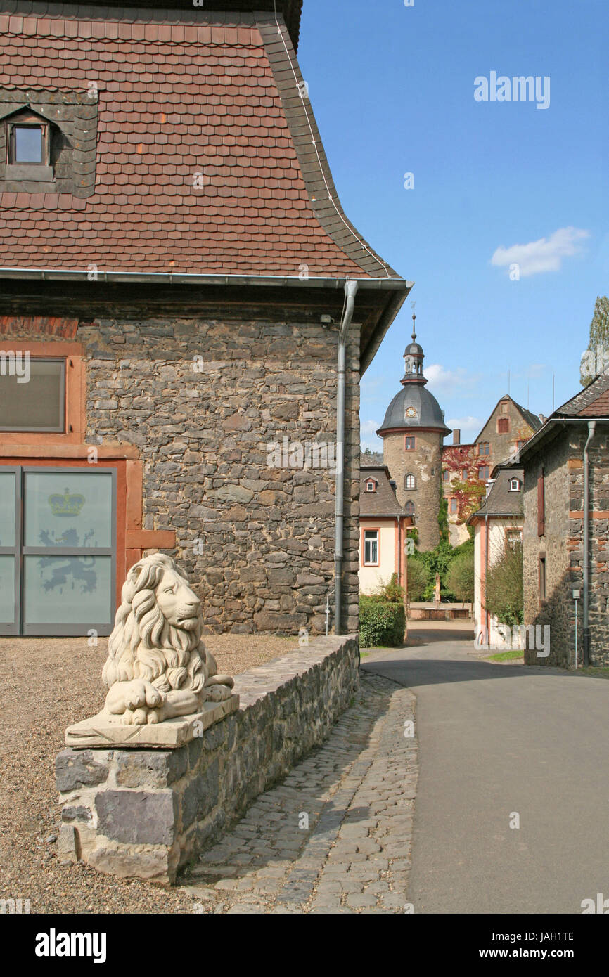 La germania,l'Assia,tiepido brook,Città Vecchia,leone la scultura,torre di bloccaggio,bloccare,scultura,scultura in pietra,lion,lane,torre,torre di bloccaggio,pietra muro difensivo, Foto Stock