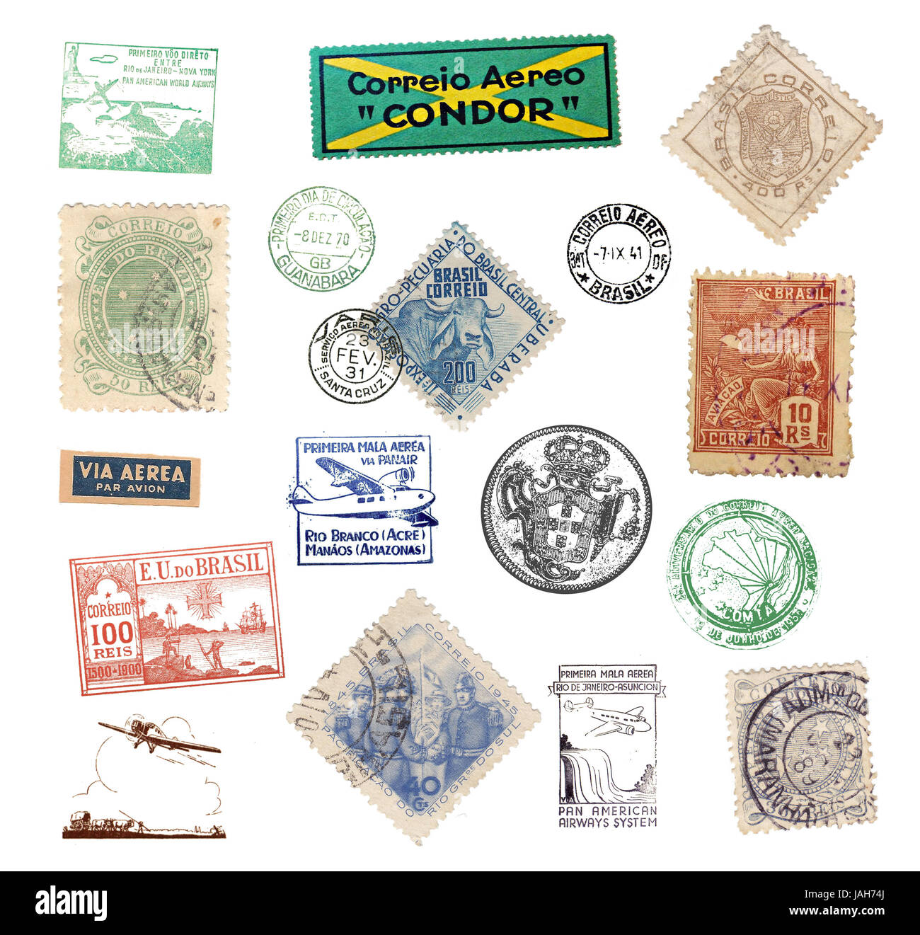 Verschiedene historische Briefmarken und Poststempel aus Brasilien Foto Stock