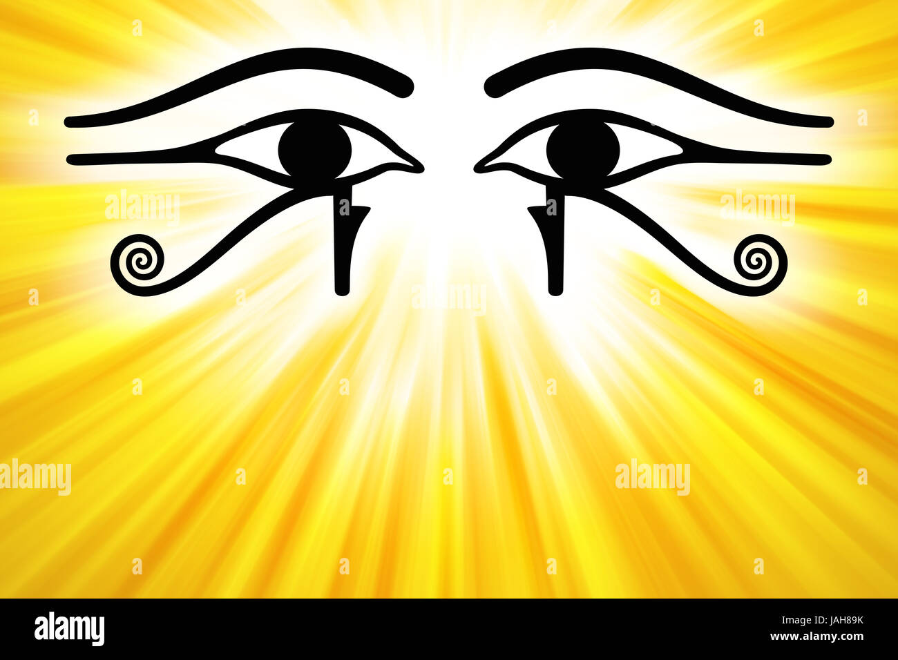 Gli occhi di Horus con golden raggi solari dal centro superiore. Wedjat, antico simbolo egizio di protezione, il potere reale e in buona salute. Foto Stock