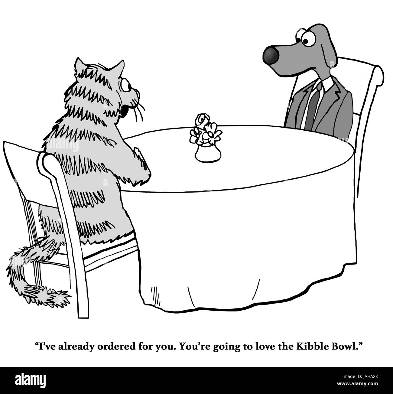 Cartoon circa un gatto kibble di ordinazione per il suo amico cane. Foto Stock