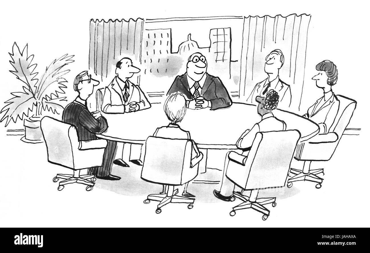 Business cartoon illustrazione di una riunione in corso. Foto Stock