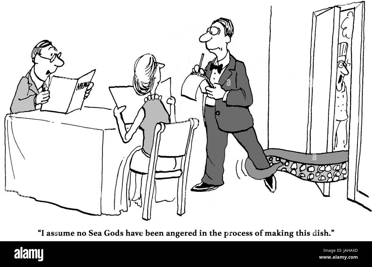 Cartoon di un cliente che chiede se il mare gli dèi sono stati disturbati nella cattura del pesce fresco, erano. Foto Stock