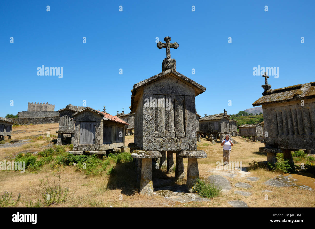 Espigueiros, il vecchio e tradizionale di pietra a granai del Lindoso. Panda Geres National Park, Portogallo Foto Stock