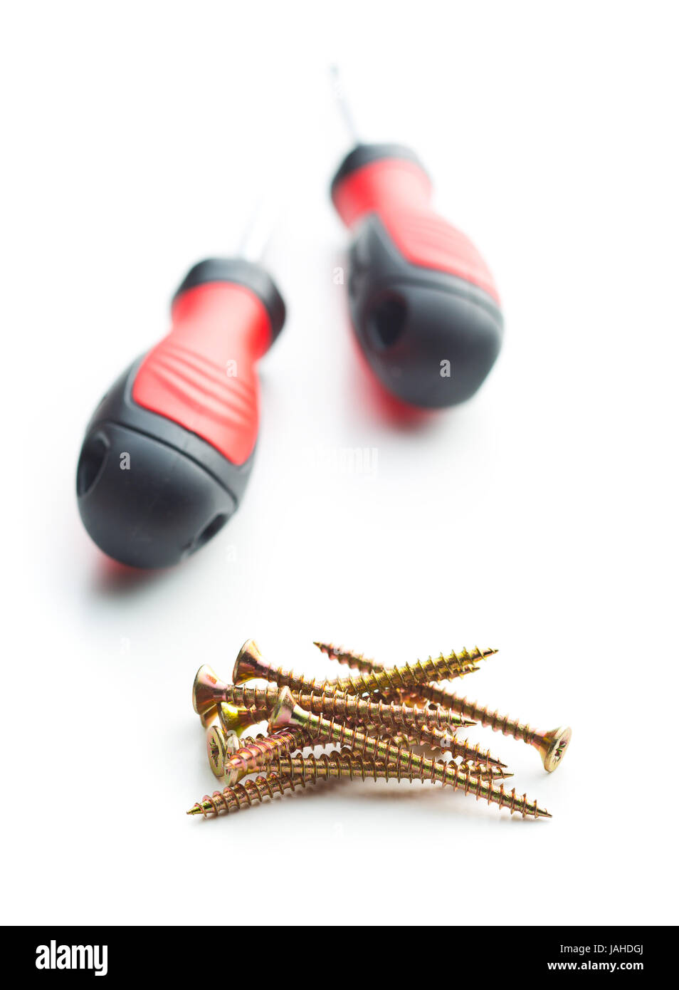 Le viti in acciaio inossidabile isolato su sfondo bianco. Foto Stock