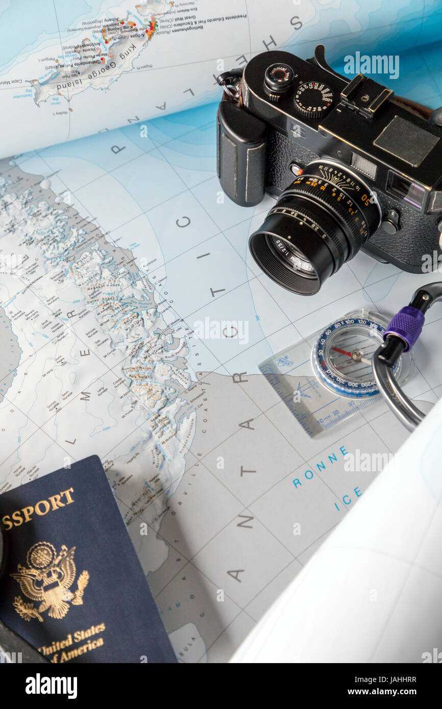 Ancora in vita di Antaractica mappa e articoli da viaggio Foto Stock