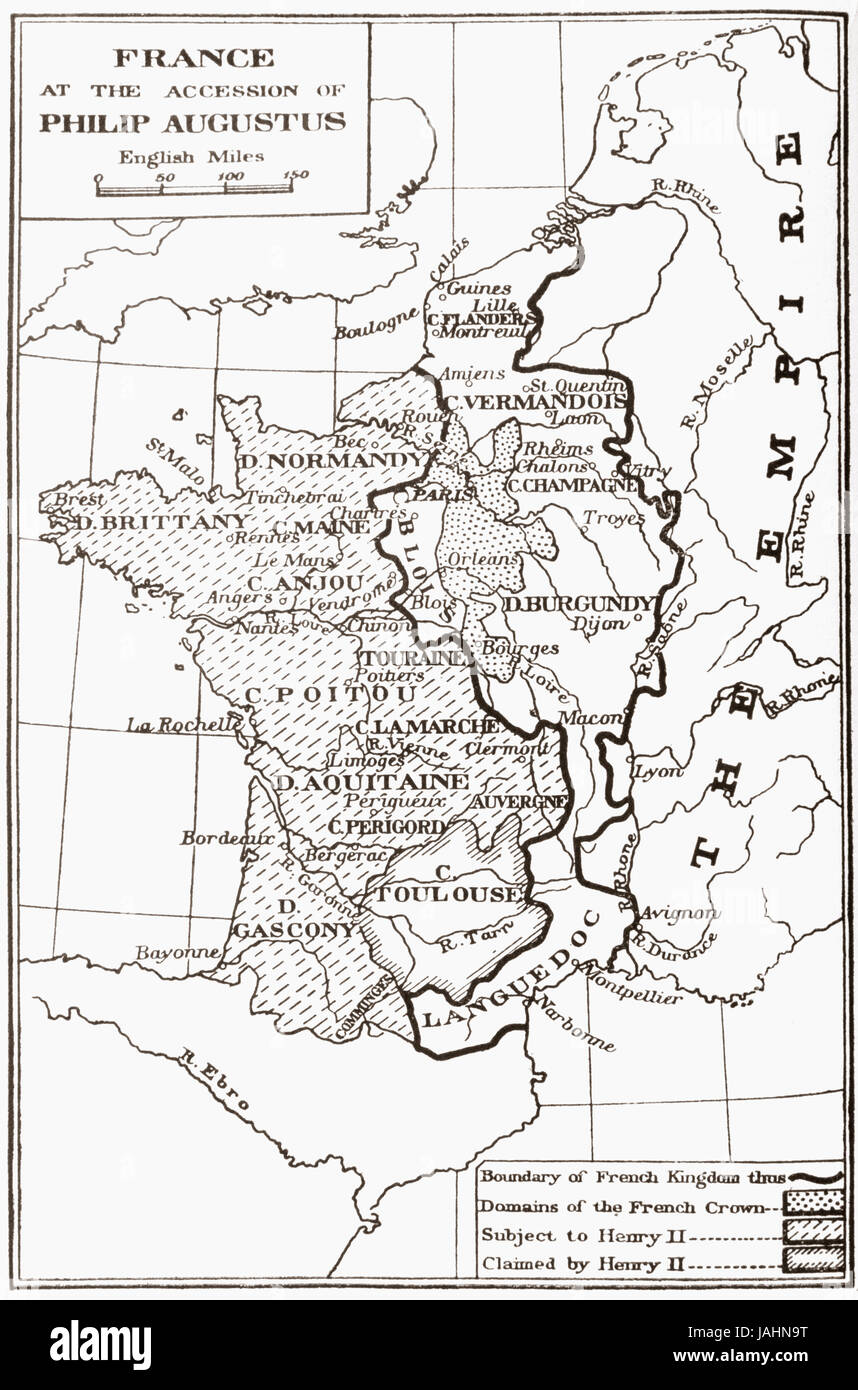 Mappa della Francia all' adesione di Filippo II, aka Filippo Augusto,1180. Dalla Francia, medievali e moderne di una storia, pubblicato 1918. Foto Stock