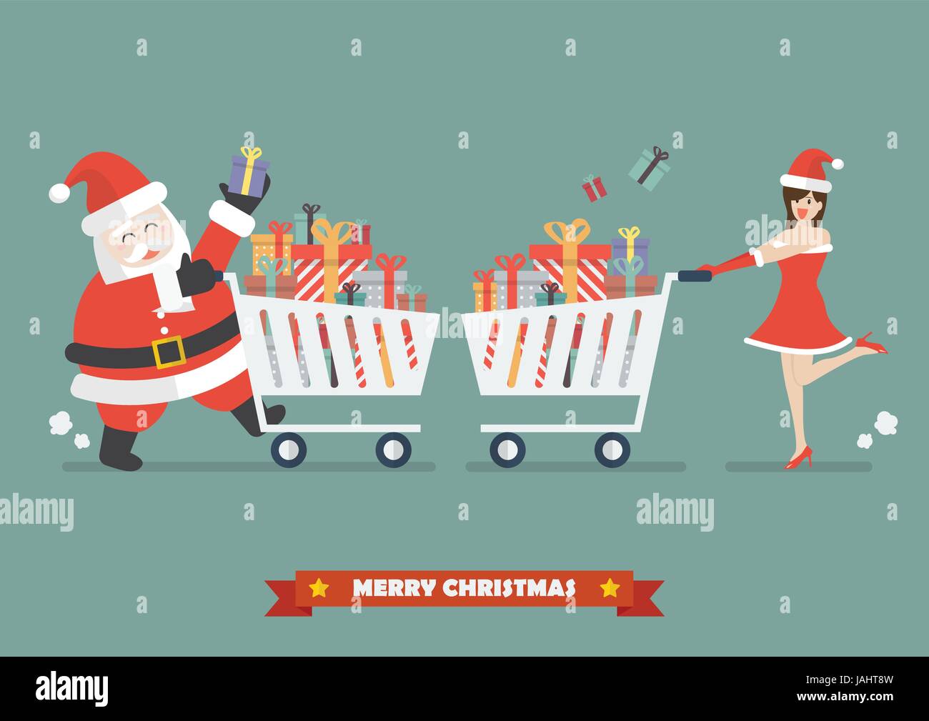 Babbo Natale e santa donna sta acquistando un pile di regali. Illustrazione Vettoriale Illustrazione Vettoriale
