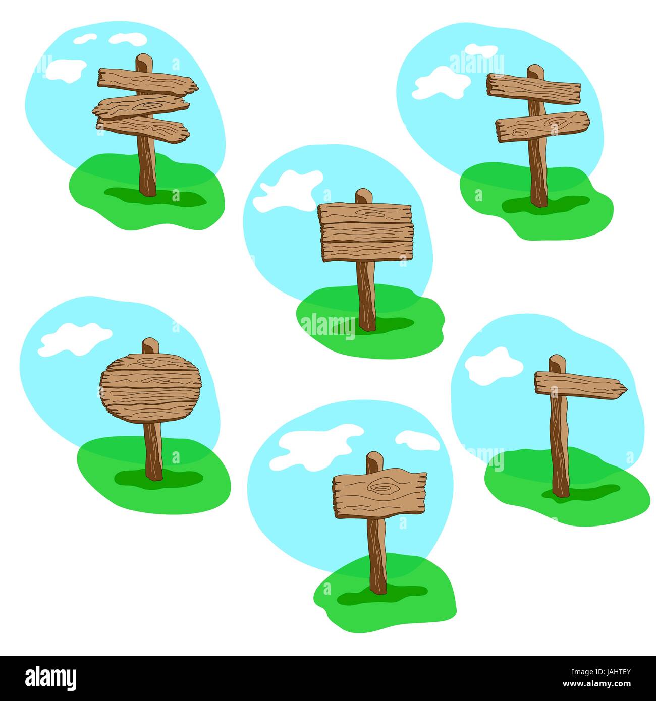 Set di stile cartoon vector cartello in legno in piedi in erba. Round, freccia e forme quadrate di legno vergine raccolta di orientamento Illustrazione Vettoriale