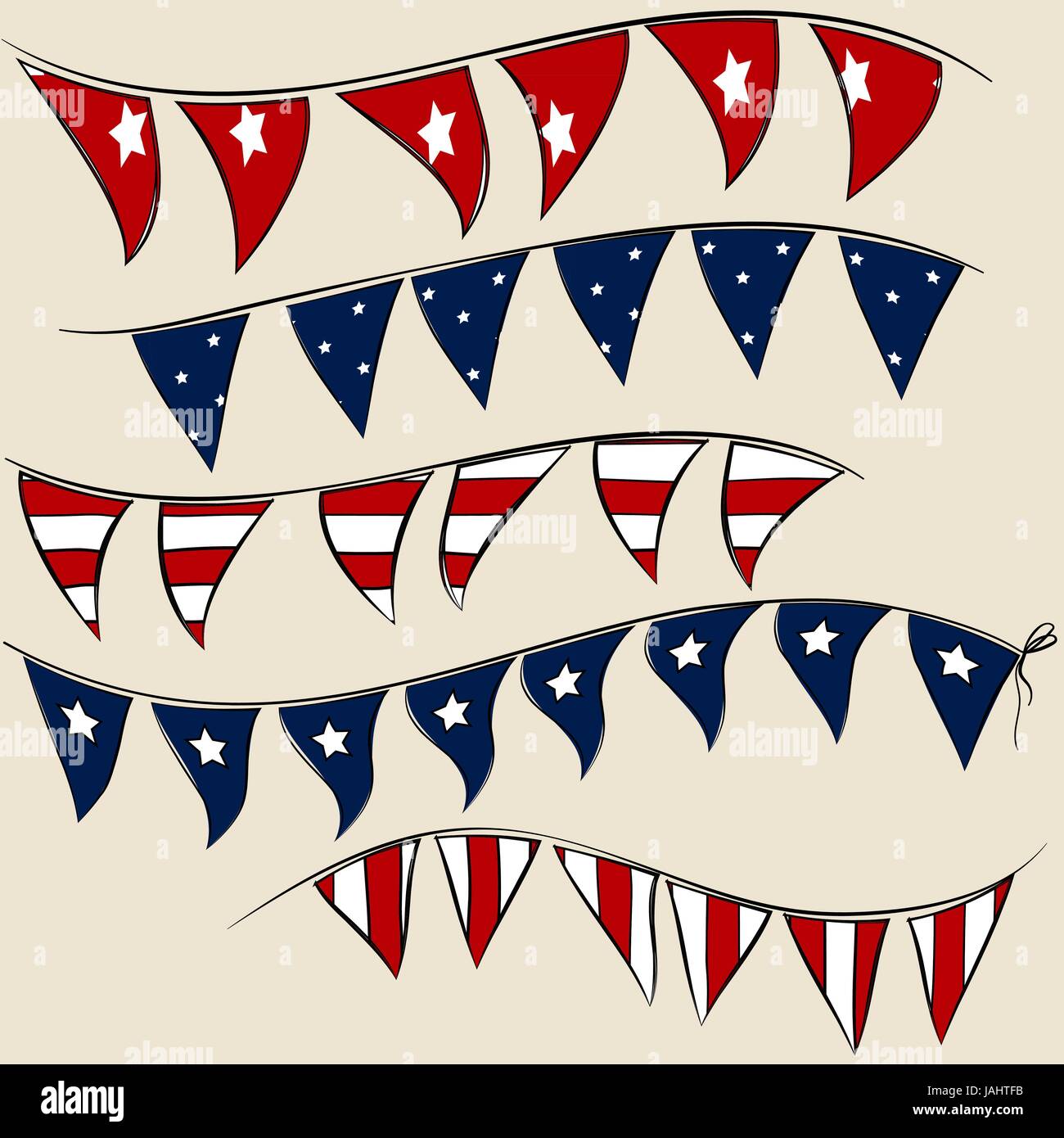 Set di partito patriottico bandiere su una stringa. American 4 luglio Giorno di Indipendenza degli elementi del vettore Illustrazione Vettoriale