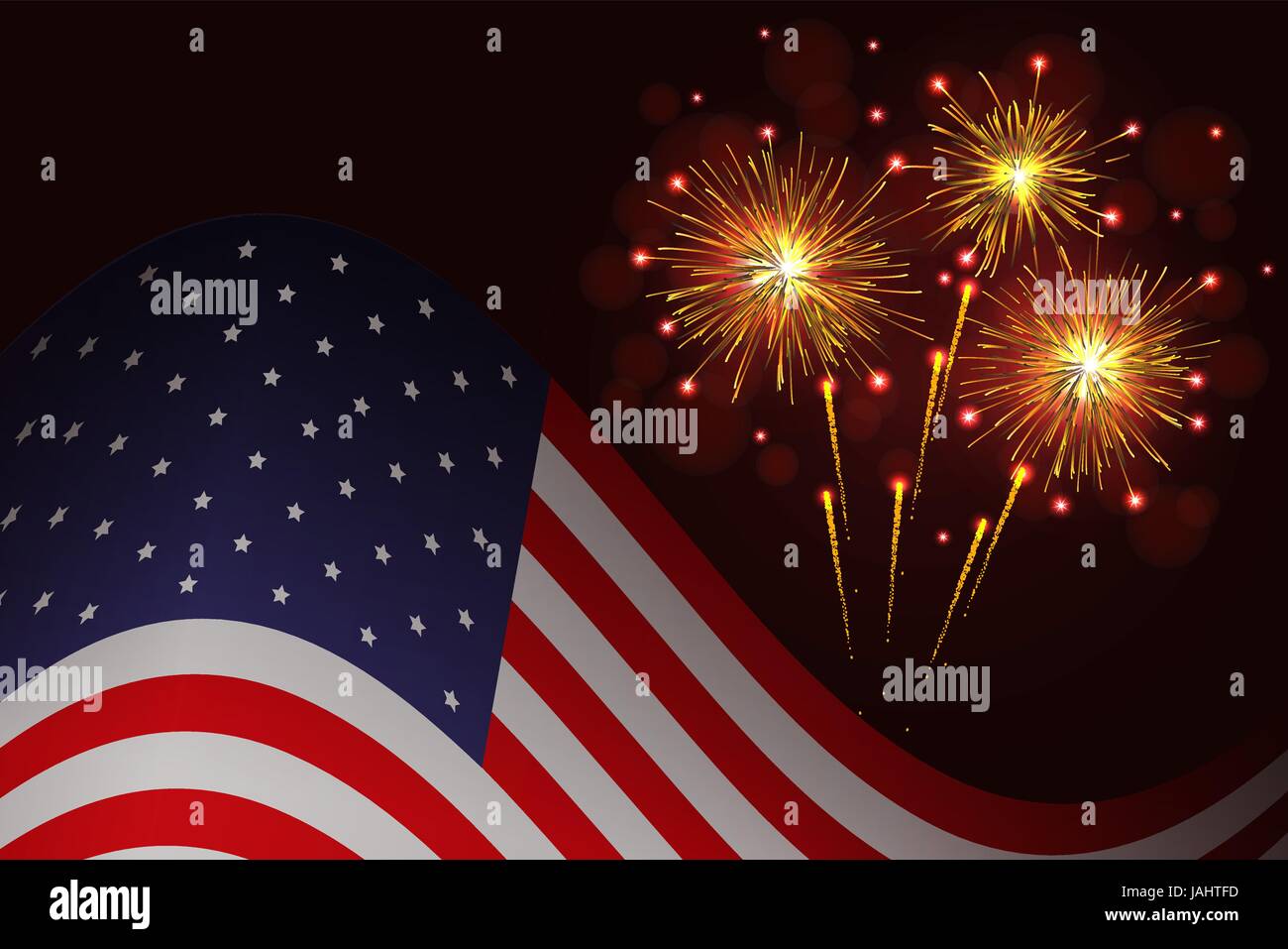 Stati Uniti bandiera e celebration Sparkling fuochi d'artificio sfondo vettoriale. Giorno di indipendenza, 4 luglio vacanze salute bigliettino. Illustrazione Vettoriale